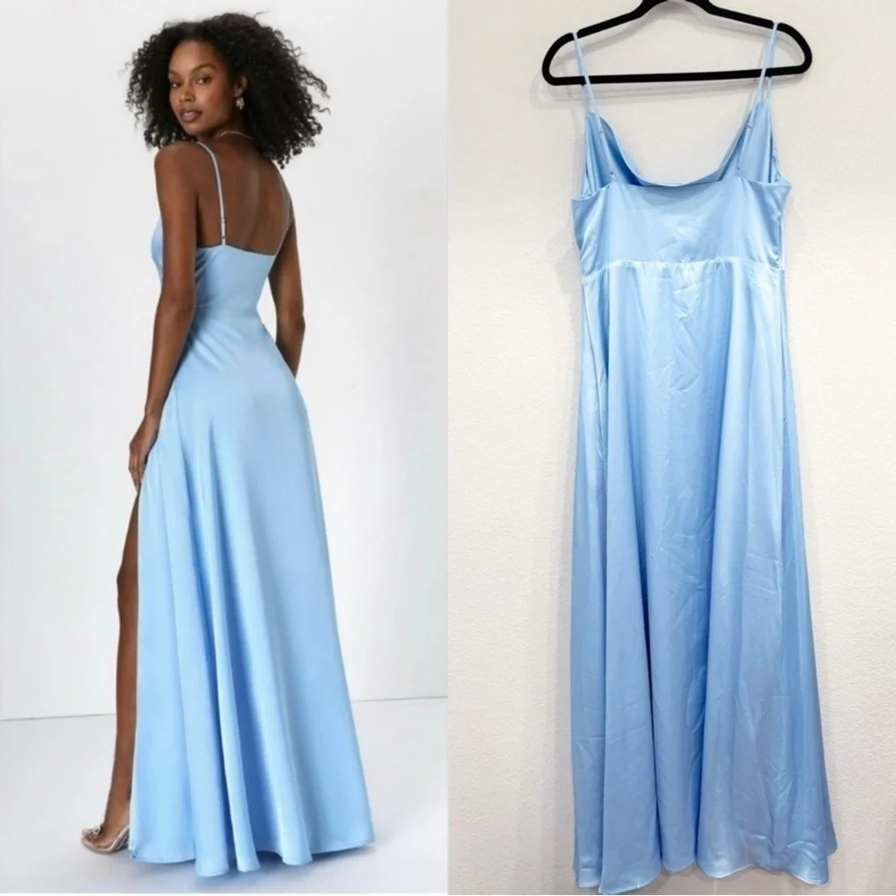 NWOT Lulus Formal Invitation Light Blue Satin Cowl Neck Maxi Dress‎